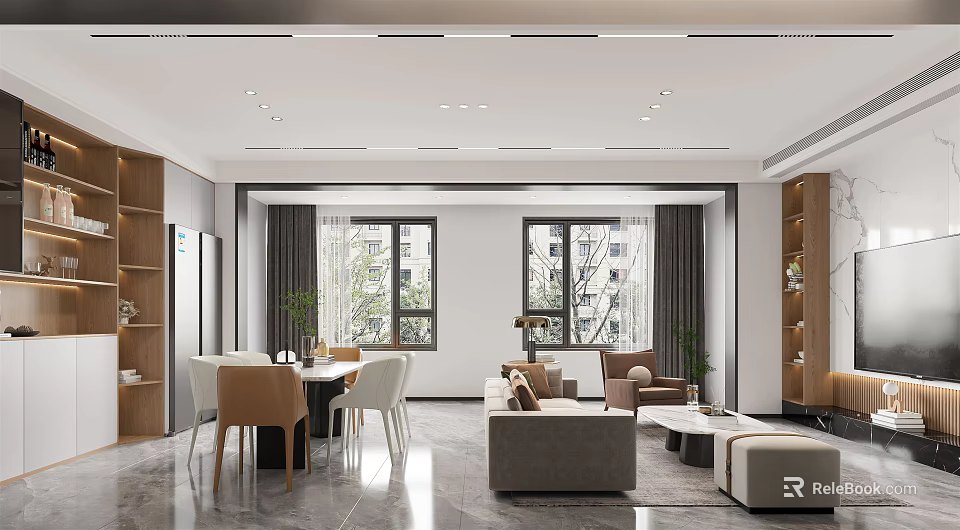 Modern Dining Living Room Interior Design With Dining Table Chairs Sofa Coffee Table And Windows 3d model