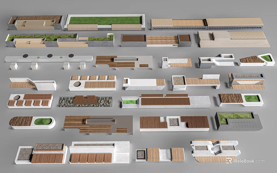 Diverse Landscape Seating Designs With Wooden Concrete And Green Elements 3d model