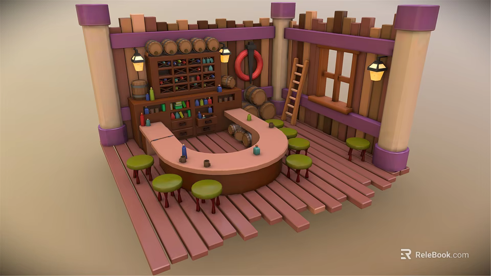 Cartoon Tavern Scene With Round Bar Counter Green Stools Wooden Barrels Ladder And Purple Columns 3d model 