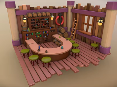 Cartoon Tavern Scene With Round Bar Counter Green Stools Wooden Barrels Ladder And Purple Columns 3d model