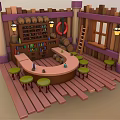 Cartoon Tavern Scene With Round Bar Counter Green Stools Wooden Barrels Ladder And Purple Columns