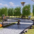 Scenic Park Landscape With Green Trees Curved Stone Paths Benches Mushroom Decorations and Lantern Lights