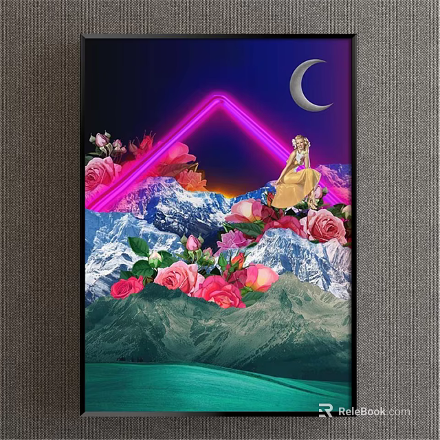 Girl Portrait Painting With Crescent Moon Pink Neon Triangle Roses And Snowy Mountains 3d model 