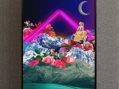 Girl Portrait Painting With Crescent Moon Pink Neon Triangle Roses And Snowy Mountains 3d model