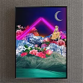 Girl Portrait Painting With Crescent Moon Pink Neon Triangle Roses And Snowy Mountains