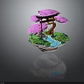 Japanese Zen Garden Scene With Red Torii Gate Pink Cherry Blossom And Stream