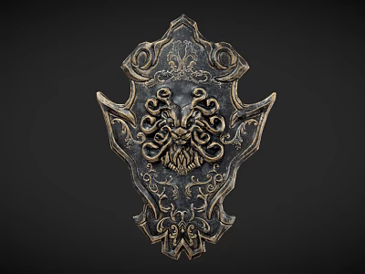 Ornate Metal Shield With Intricate Carvings And Mythical Decorative Motifs Design 3d model
