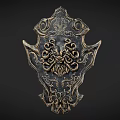 Ornate Metal Shield With Intricate Carvings And Mythical Decorative Motifs Design