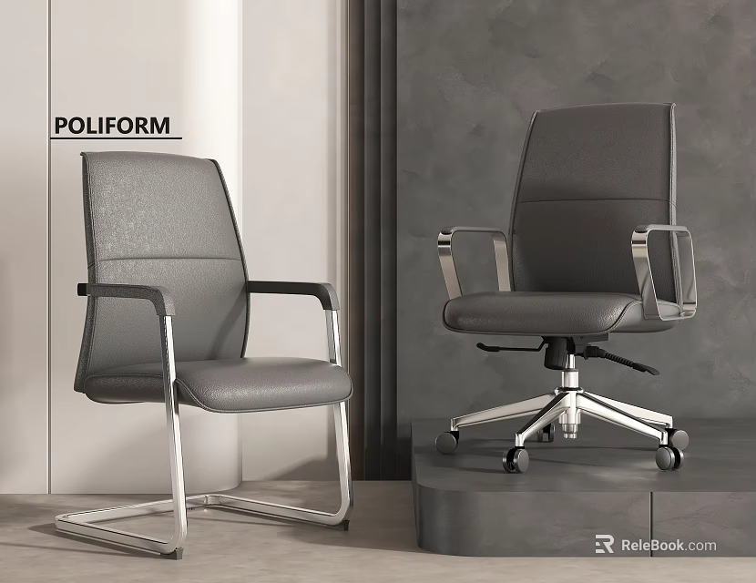 POLIFORM Modern Gray Leather Office Chairs With Fixed Legs And Swivel Base Wheels 3d model 