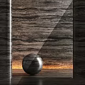 Elegant Interior With Wood Grain Wall Circular Samples Spherical Decor And Soft Lighting 3d model