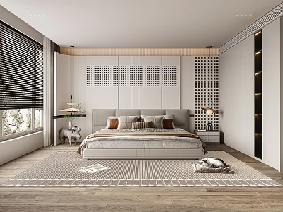 Modern Minimalist Bedroom Interior With Blinds Wooden Flooring Rug And Grid Wall Decor 3d model