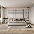 Modern Minimalist Bedroom Interior With Blinds Wooden Flooring Rug And Grid Wall Decor