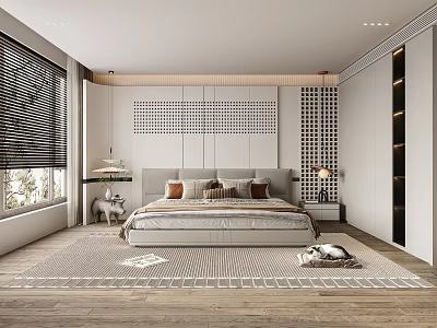Modern Minimalist Bedroom Interior With Blinds Wooden Flooring Rug And Grid Wall Decor 3d model