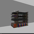 Multi tiered Display Shelving Unit with Colorful Folders Bottles and Small Items in White Room