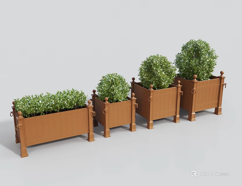 Decorative Brown Garden Planters With Green Plants And Various Shaped Foliage 3d model 