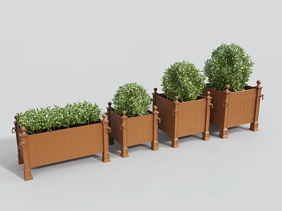 Decorative Brown Garden Planters With Green Plants And Various Shaped Foliage 3d model