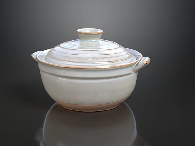 Modern White Ceramic Covered Pot With Two Handles And Brown Rim 3d model