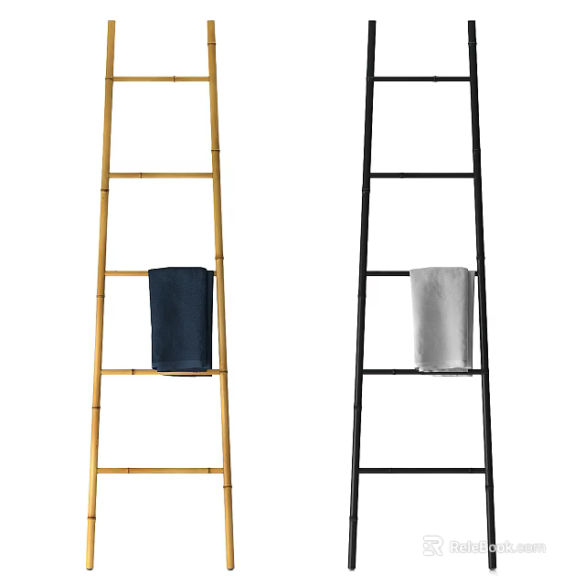 Bathroom Ladder Shelf with Bamboo and Black Design Hanging Towels for Bathroom Storage 3d model 