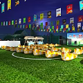 Illuminated Football Field With Fenced Area Colorful Decorations And Event Tables Chairs