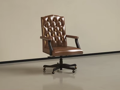 Brown Leather Office Chair With Tufted Backrest Swivel Design And Armrests On Wheels 3d model