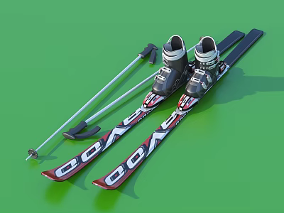 Complete Sports Equipment Including Skis Ski Boots and Ski Poles on Green Background 3d model