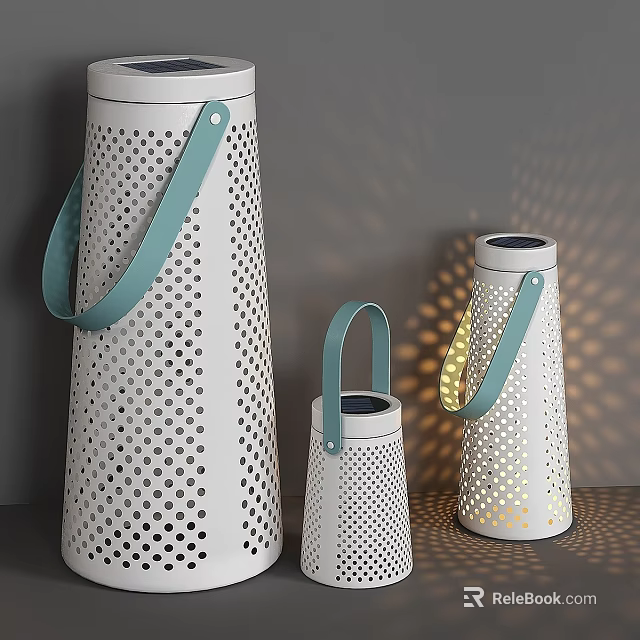 White Outdoor Lights With Perforated Dot Design And Blue Leather Handles Showing Light Shadow Effects 3d model 