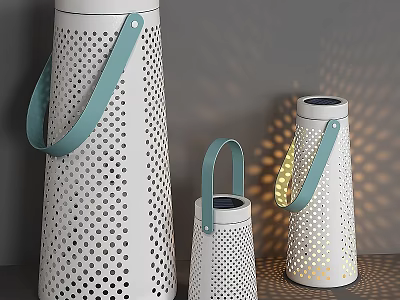 White Outdoor Lights With Perforated Dot Design And Blue Leather Handles Showing Light Shadow Effects 3d model