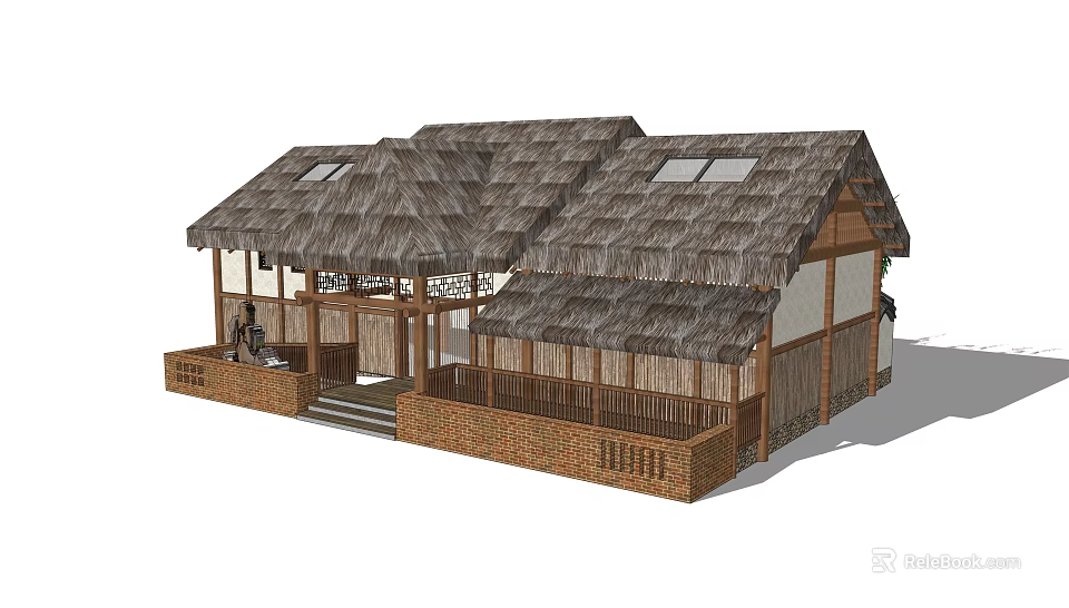 Traditional Thatched Roof Building Exterior With Wooden Structure And Brick Porch 3d model 