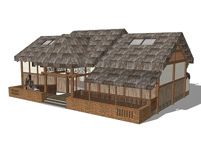 Traditional Thatched Roof Building Exterior With Wooden Structure And Brick Porch 3d model
