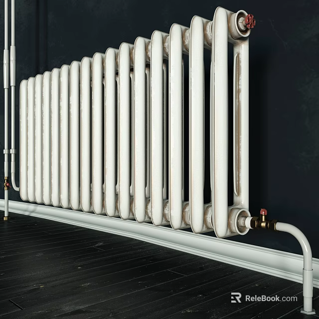 White Column Design Heating Radiator Installed Against Dark Wall With Wooden Floor 3d model 