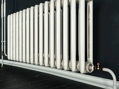 White Column Design Heating Radiator Installed Against Dark Wall With Wooden Floor 3d model