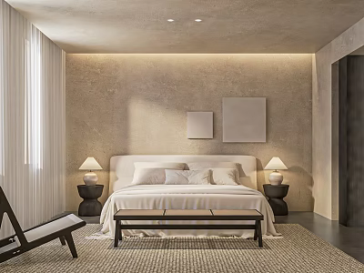 Elegant Minimalist Hotel Room Interior Featuring Bed Nightstands Lamps Wall Artwork Carpet And Accent Chair 3d model