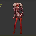 Blonde Twin Ponytail Character In Purple Coat Red Leggings With Brown Boots And Creature