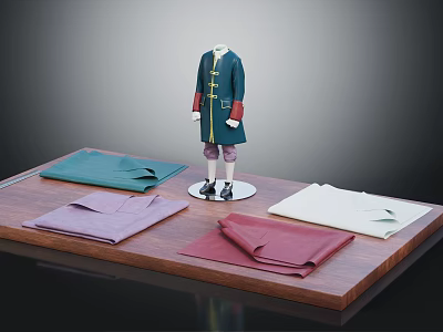Traditional Dark Blue Coat On Mannequin With Green Purple Red Beige Fabrics On Wooden Platform 3d model