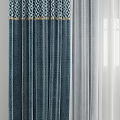 Layered Navy Blue and White Curtains with Geometric Pattern for Window Decor