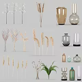 Various Ceramic Vessels With Dried Pampas Grass Fern Plants And Home Decor Elements
