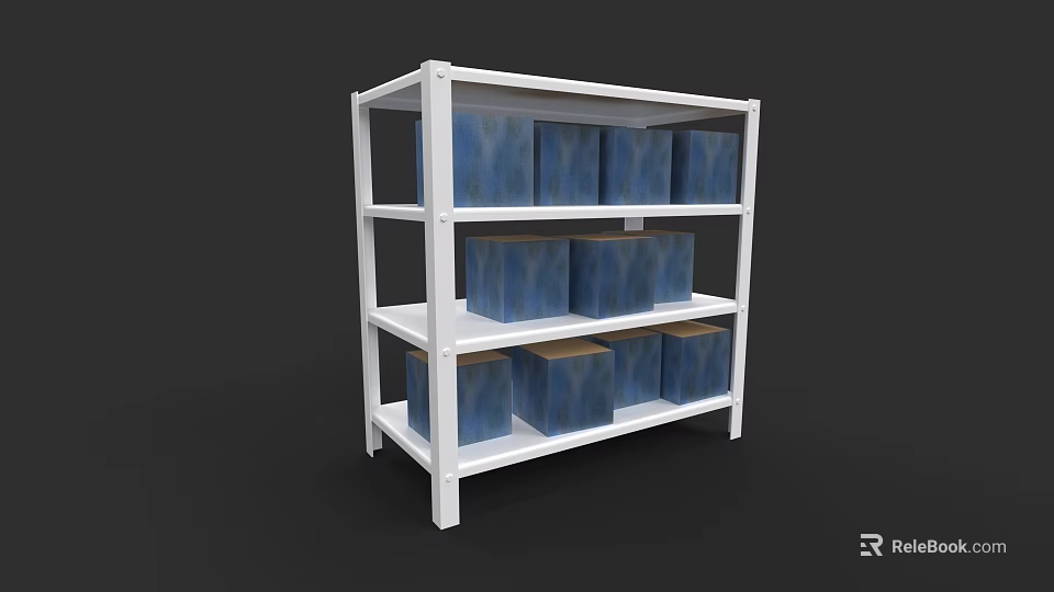 White Display Shelf With Multiple Layers And Blue Storage Boxes 3d model 