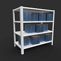 White Display Shelf With Multiple Layers And Blue Storage Boxes
