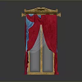 Elegant Window Frame With Golden Ornate Design And Red Blue Curtains