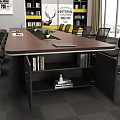 Modern Office Conference Table With Wooden Top Black Cabinets Laptops And Plants