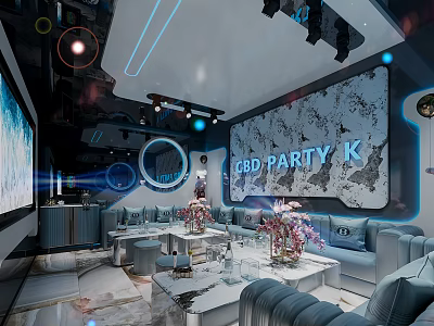 CBD Party K Modern KTV Interior With Comfortable Sofa Tables And Decorative Flowers 3d model
