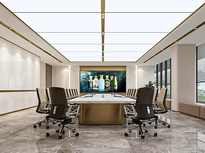 Modern Conference Room Interior Design With Long Table Large Screen Ergonomic Chairs And Modern Lighting 3d model