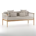 Modern Beige Sofa with Wooden Legs and Black Woven Armrests for Living Room Home Decor