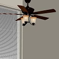 Ceiling Fan With Wooden Blades And White Lampshades Near Window Blinds On Light Colored Wall