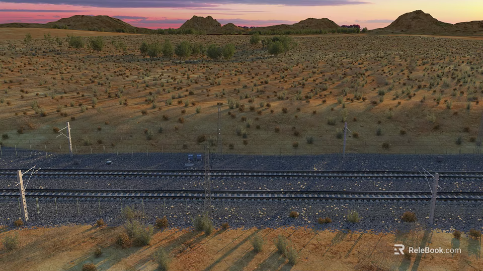 Desert Landscape With Railway Tracks Sparse Vegetation Under Sunset Sky And Distant Hills 3d model 