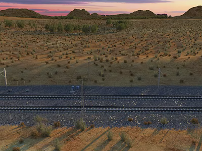 Desert Landscape With Railway Tracks Sparse Vegetation Under Sunset Sky And Distant Hills 3d model