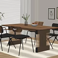 Modern Dining Table Set With Wooden Top Black Seats Metal Legs And Decorative Plants