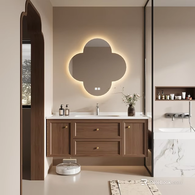 Modern Bathroom Vanity Cabinet Featuring Petal Shaped Illuminated Mirror Wooden Drawers And Countertop Sink 3d model 