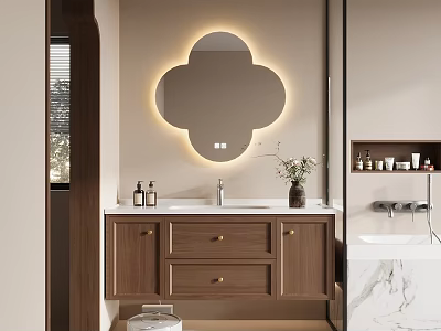 Modern Bathroom Vanity Cabinet Featuring Petal Shaped Illuminated Mirror Wooden Drawers And Countertop Sink 3d model