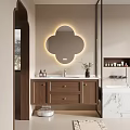 Modern Bathroom Vanity Cabinet Featuring Petal Shaped Illuminated Mirror Wooden Drawers And Countertop Sink